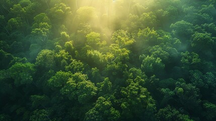 A green canopy of an old forest from above, sunlight filtering through leaves, a hidden world revealed - obrazy, fototapety, plakaty