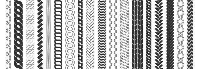 Chain pattern brushes set braided rope isolated on white background. Rope brushes frame, decorative black line set. Thick cord or wire elements.