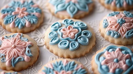 Fototapeta na wymiar Decorated cookies with royal icing. Baking and confectionery concept. Design for bakery brochure