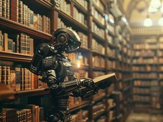 AI robot in an old library, surrounded by books