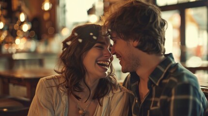 Young couple laughing together in an old cafe - obrazy, fototapety, plakaty