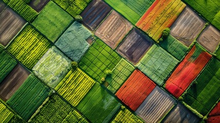 A patchwork of agricultural fields from the sky, colors and textures telling the story of the land