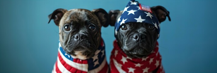 Two pugs in patriotic bandanas and hats. American holiday and pet fashion concept. - obrazy, fototapety, plakaty