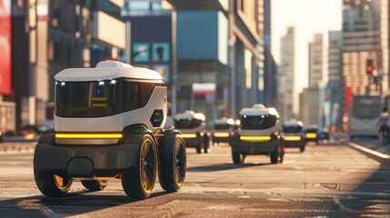 A fleet of autonomous delivery robots navigating through a busy urban environment.