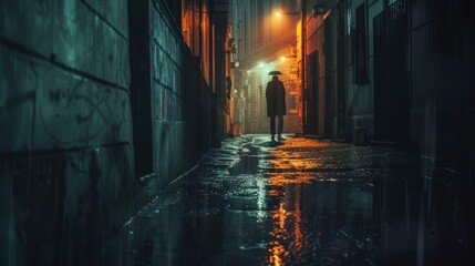 Lonely figure standing in a rain-soaked alleyway
