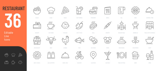 Fototapeta premium Restaurant Line Editable Icons set. Vector illustration in modern thin line style of public catering related icons: menu categories, table reservations, food and drinks, and more. 