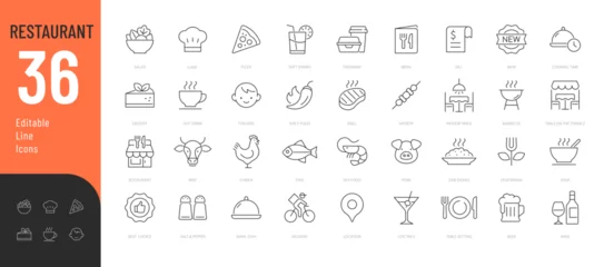 Foto auf Acrylglas Restaurant Line Editable Icons set. Vector illustration in modern thin line style of public catering related icons: menu categories, table reservations, food and drinks, and more.  © Giorgi