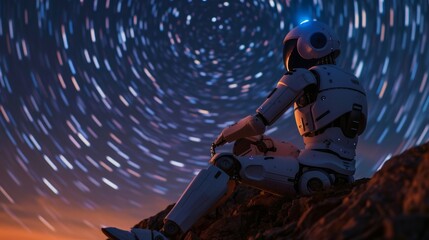 AI robot sitting alone, gazing at a starry night sky, a sense of wonder and contemplation