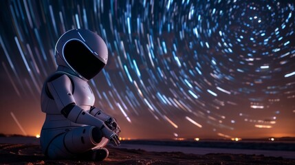 AI robot sitting alone, gazing at a starry night sky