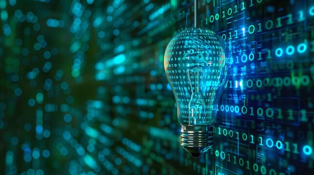 shiny light bulb, blue and green wall of binary code, waves - Powered by Adobe