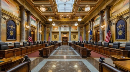 A courthouse interior with flags and judicial symbols. 