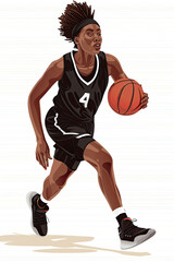Naklejka premium A woman in a black jersey and shorts is running with a basketball