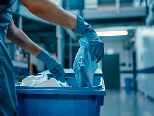 Hand wearing gloves disposing of biomedical waste. Healthcare and sanitation concept.