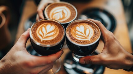 Three people are holding up three coffee cups with heart designs on them - obrazy, fototapety, plakaty