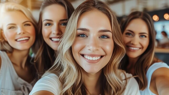 Four women are smiling and posing for a picture