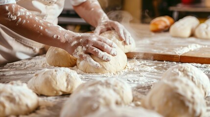 A baker preparing dough for baking in a bakery kitchen. 