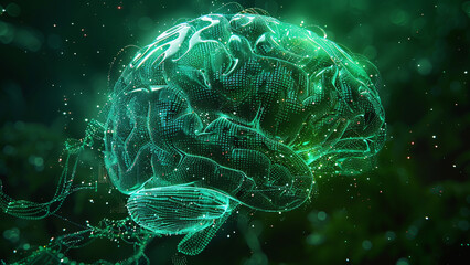 AI Mindscapes: Digital Human Brain Formed from Glowing Green Data Streams