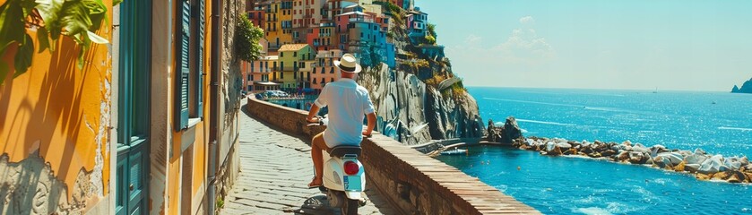 Tourist enjoying the coastal view of a colorful Italian village. Travel and leisure concept. - obrazy, fototapety, plakaty