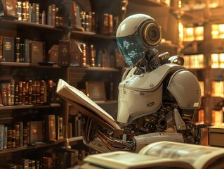 AI robot in an old library, surrounded by books, a fusion of old and new