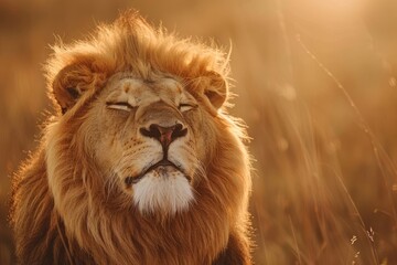 A lion with his eyes closed in the sunset warm light.