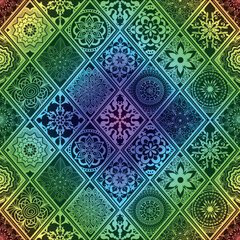 Vector hand drawn seamless rainbow pattern with rhombuses with mandalas. Islam, Arabic, Indian, ottoman motifs.