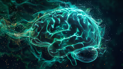 AI Mindscapes: Digital Human Brain Formed from Glowing Green Data Streams