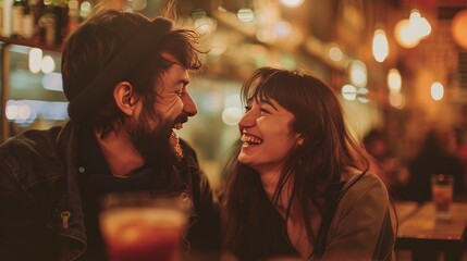 Young couple laughing together in an old cafe
