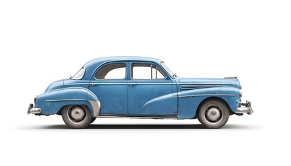 Passenger blue old car isolated on a white background, with clipping path. Full Depth of field. Focus stacking, side view.