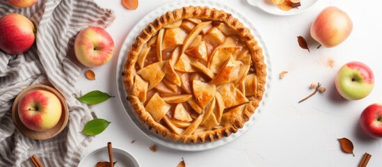 Apple pie with fresh apples on a white plate
