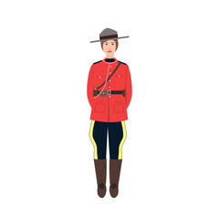 Canadian female policewoman in traditional uniform - scarlet tunic and breeches, cartoon vector illustration isolated on white background. Full length portrait of Canadian woman policeman.