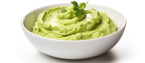Guacamole in a white dish with a touch of parsley