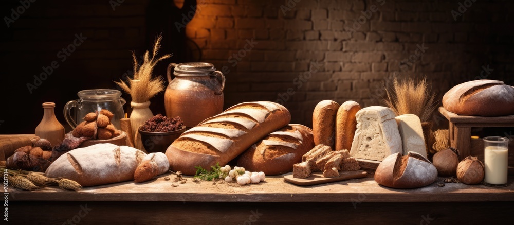 Poster Various breads and foods spread on a table