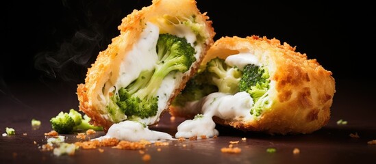 Customer breaking fried crocche stuffed with broccoli and cheese - obrazy, fototapety, plakaty