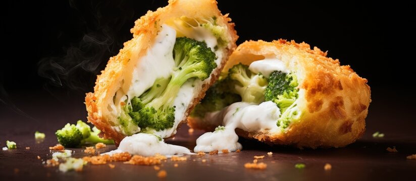 Customer breaking fried crocche stuffed with broccoli and cheese