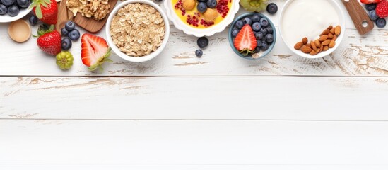 Variety of cereal and fruit on white wooden surface