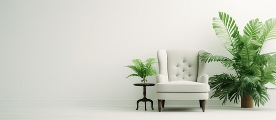 White chair and plant in room - obrazy, fototapety, plakaty