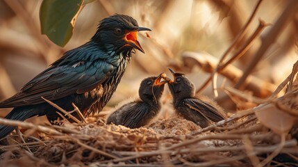 Starling Bird Feeding Chicks in Nest Amidst Golden Sunlight and Dry Grass - obrazy, fototapety, plakaty