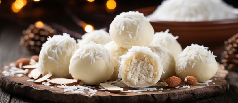 Close-up of nut-covered white chocolate pile