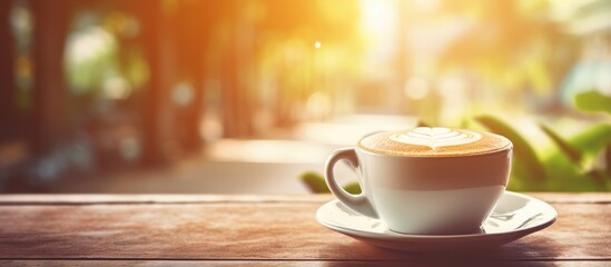 Coffee cup on wooden saucer, cappuccino with blurred cafe background - obrazy, fototapety, plakaty
