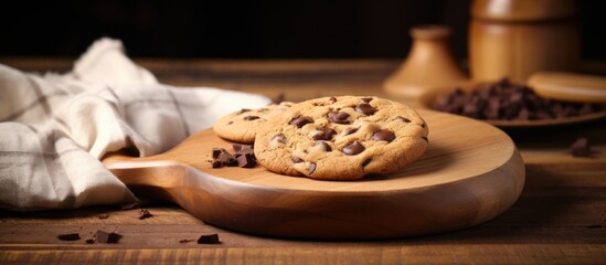 Chocolate chip cookies on wooden plate with napkin and spoon