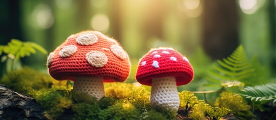 Knitted mushrooms on mossy forest