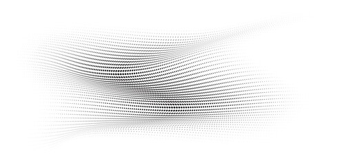 Flowing Wave Dot Halftone Pattern: Curve Gradient Shape on Transparent Background. Suitable for AI, Tech, Network, Digital, Science, and Technology Themes.