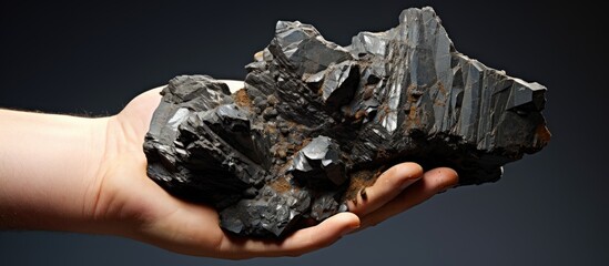 Hand holding rock with abundant black crystals