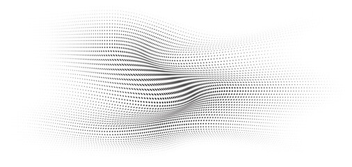 Flowing Wave Dot Halftone Pattern: Curve Gradient Shape on Transparent Background. Suitable for AI, Tech, Network, Digital, Science, and Technology Themes. - obrazy, fototapety, plakaty