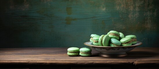 Green macarons in bowl on table - Powered by Adobe