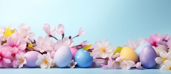 Colorful Easter eggs and blooms on a blue backdrop