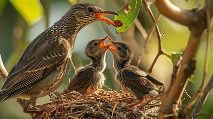 Mother Bird Feeding Chicks in Nest Amidst Greenery Under Warm Sunlight