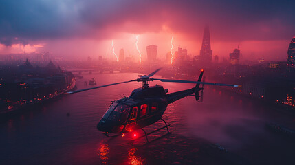 Helicopter above city in stormy day.