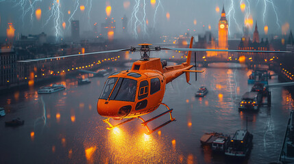 Helicopter above city in stormy day.