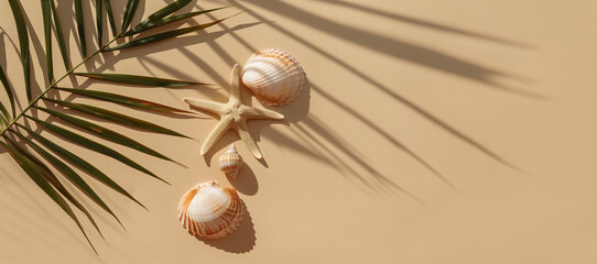 
top view of small starfish and two seashells lie on an beige sand background, tropical leaves shadows in minimalistic style,solid color backdrop, natural lighting, serene summer scene with copy space